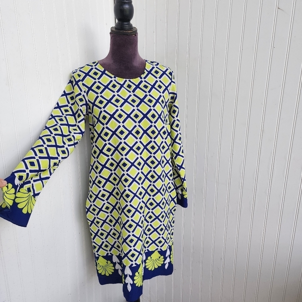 Buckhead Betties Long Sleeve Knee Length Shift Dress Green Blue Geo Print Sz S